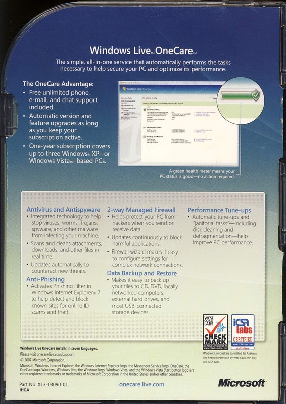 Microsoft Windows Live One Care All-in-One Security Performance Service gallery