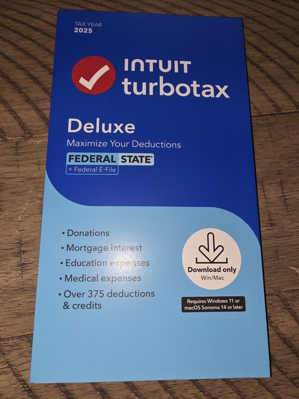 TurboTax Deluxe Desktop 2025 Federal & State Tax Return Product Key Card Desktop