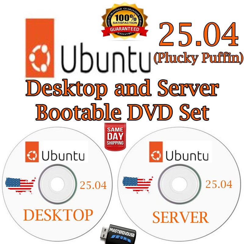 Ubuntu 25.04 Bootable DVD Set – Desktop & Server Edition – Same Day Ship CALI