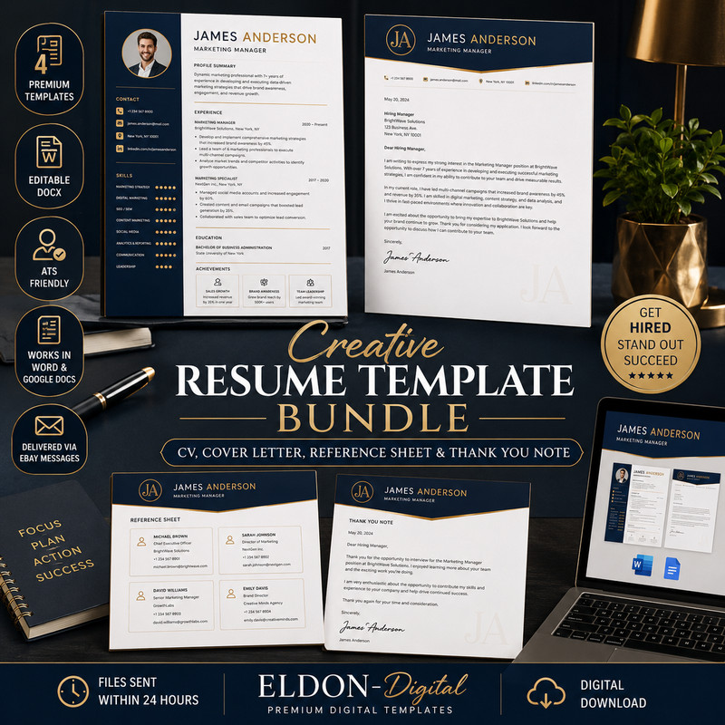 Creative Resume Template Bundle CV Cover Letter Reference Thank You Note Word