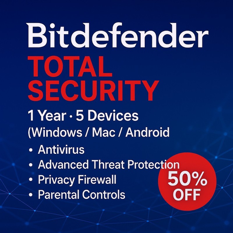 Bitdefender Total Security 2026 – 1 Year 5 Devices (Windows, Mac, Android) + VPN