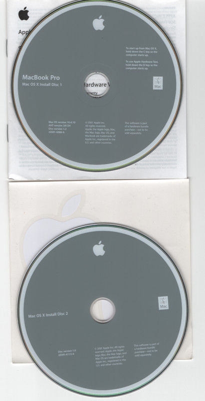 Apple MacBook Pro MacOS X Install Discs 1 and 2 Software Recovery CD-ROM