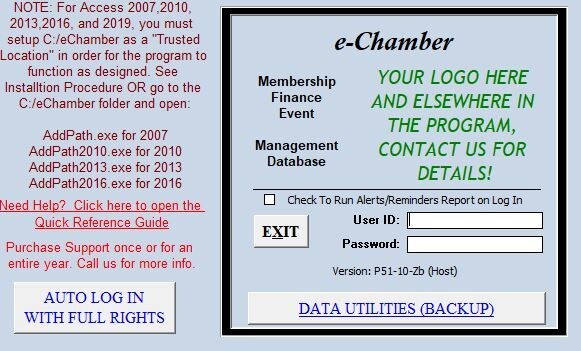 e-Chamber full Chamber member application link to website, uses Microsoft Access gallery
