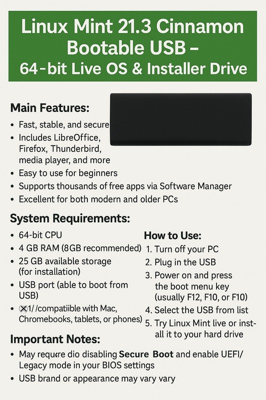 Linux Mint 21.3 Cinnamon Bootable USB – 64-bit Live OS & Installer Drive
