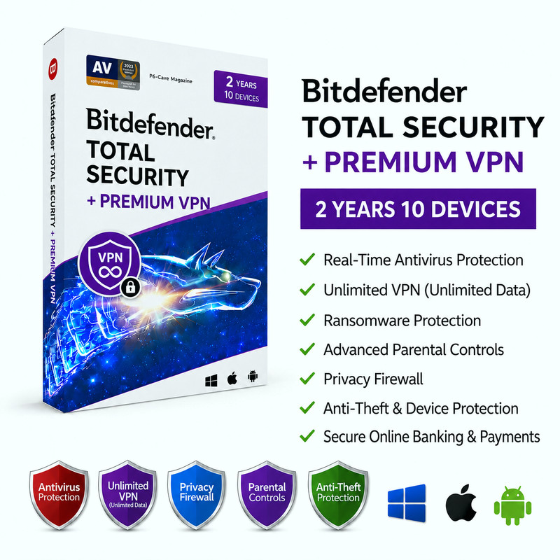Bitdefender Total Security + Premium VPN 10 devices, 2 Years