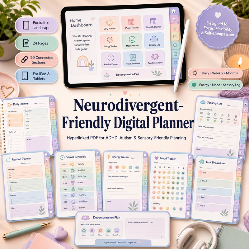 Neurodivergent ADHD Autism Digital Planner Hyperlinked GoodNotes iPad PDF