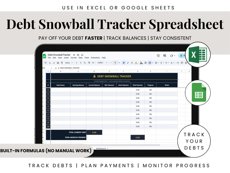 Debt Snowball Tracker Excel | Visual Debt Payoff Spreadsheet with Progress Bars