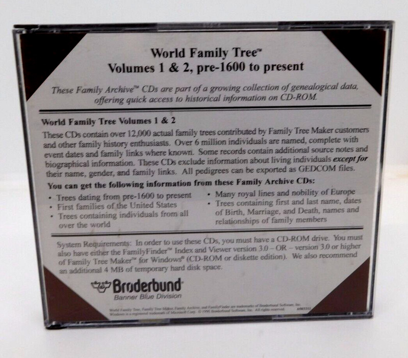CD Rom Family Tree Makers Archives World Family Tree Broderbund Volumes 1 2 gallery