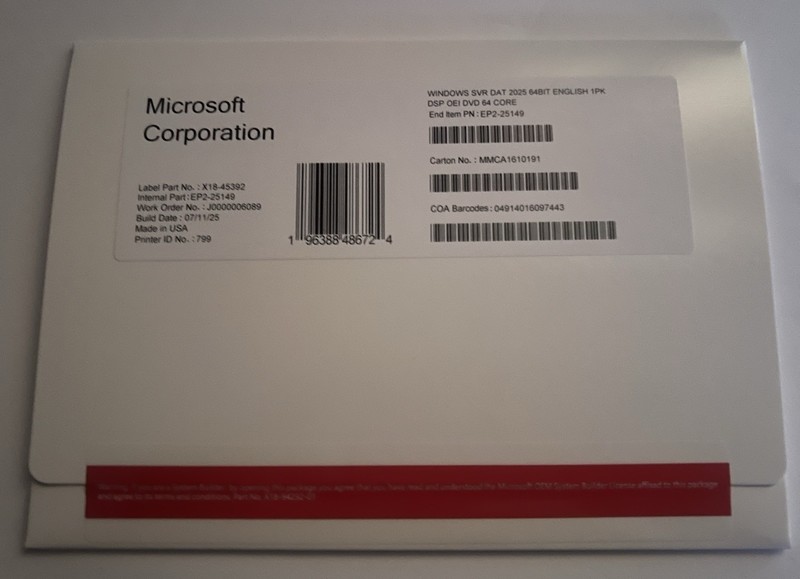 Microsoft Windows Server 2025 Datacenter 64 bit 64 Core DVD & License Key (NEW)