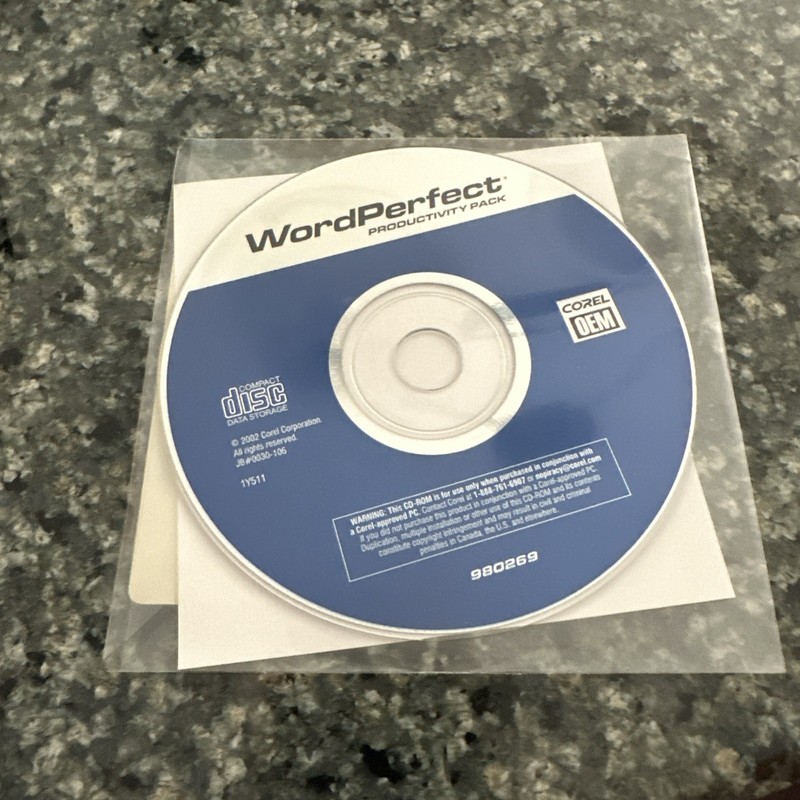 WordPerfect Productivity Pack 2002 Corel OEM #980269 computer disc