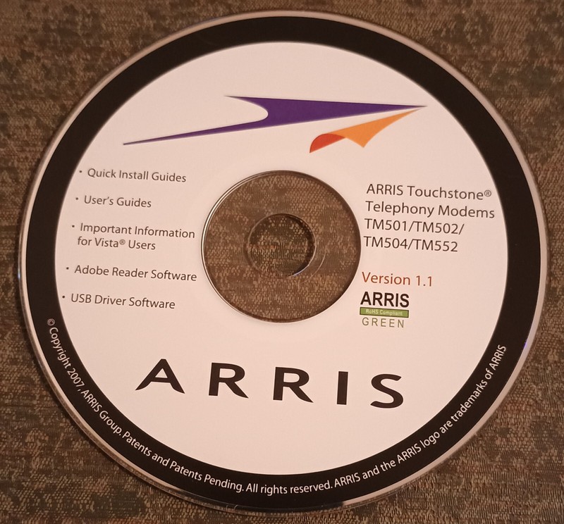 Arris modems TM501/TM502/TM504/TM552 Guides + Software – PC – disc only