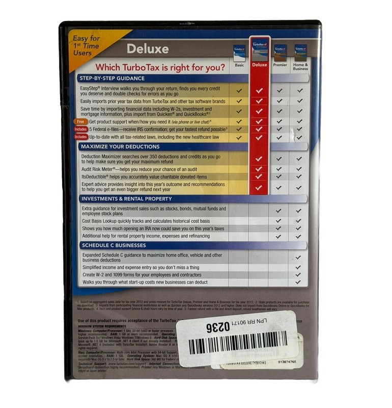 Intuit Turbotax Deluxe 2013 Federal Returns Plus E-File Turbo Tax PC/MAC NEW! gallery