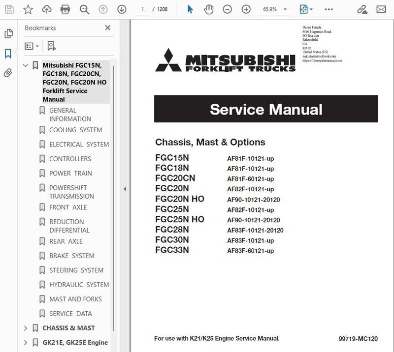 Mitsubishi FGC25N FGC25N HO Forklift Service Repair Manual on CD