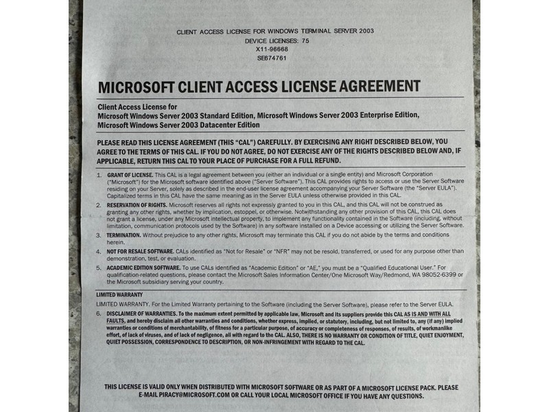 75 Device Cal for Windows 2003 Terminal Server Services/RDS with VAT Invoice