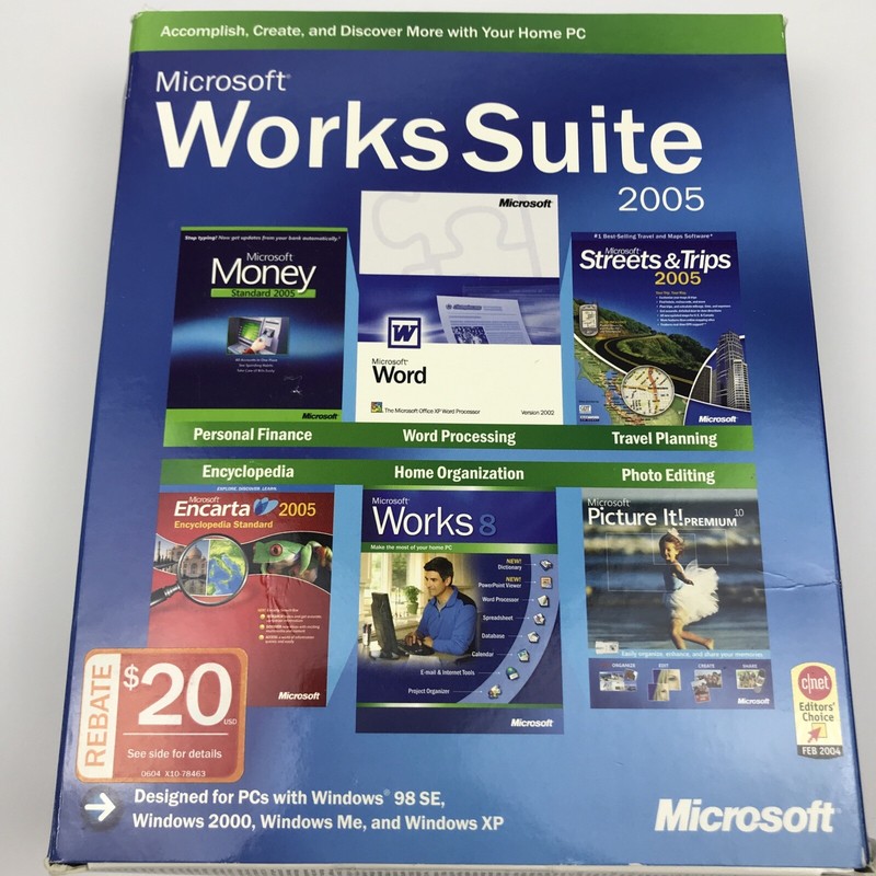 Microsoft Works Suite 2005 Productivity Money Picture It CD-ROM Win 98 2000 XP