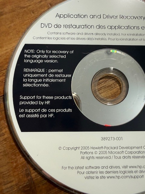 HP PC Hewlett Packard Application Driver Recovery DVD 2005 389273-001 Disc gallery