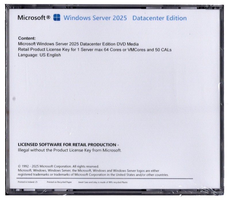 Windows Server 2025 Datacenter with 50 CALs, 64 Cores. Retail License, English. gallery