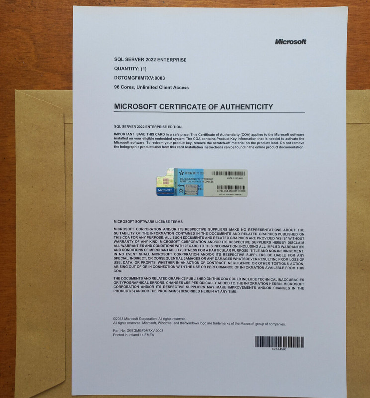 SQL Server 2022 Enterprise 96 Core License, unlimited User CALs PHYSICAL ITEM