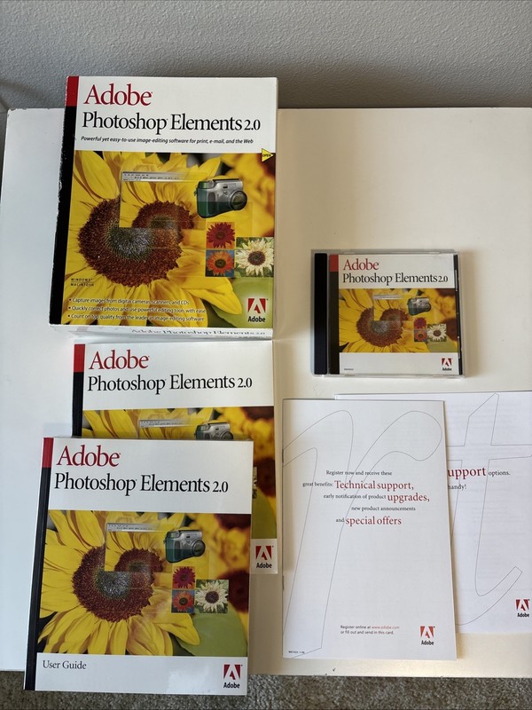 ADOBE PHOTOSHOP ELEMENTS 2.0 Box, Manual, CD Disk W/ Serial Numbers