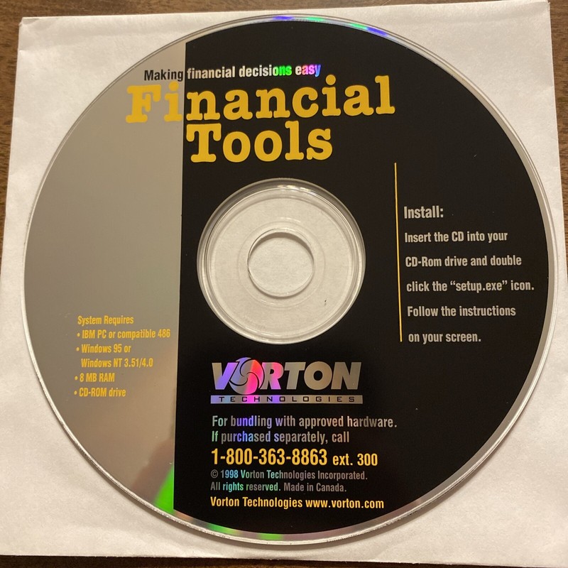 Vorton Technologies Financial Tools Compact Disc CD 1998 PC Computer Software