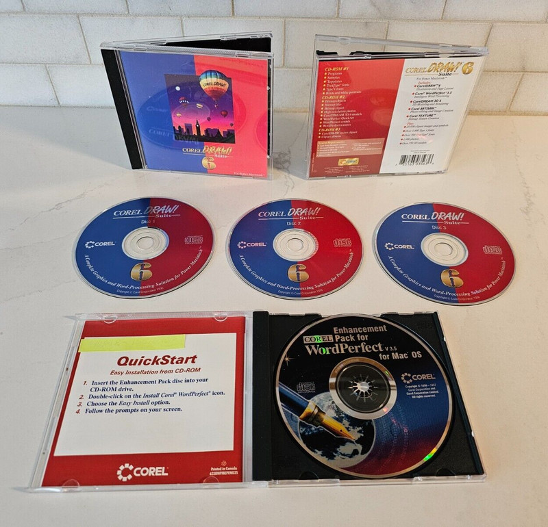 RARE VTG Corel Draw Suite 6 for Power Macintosh 1996 3 CDs & Bonus WordPerfect