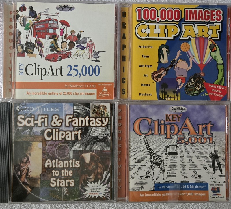 Vintage PC ClipArt 9-CD Lot – Retro Sci-Fi, Fantasy, Wizards, 90s Graphics
