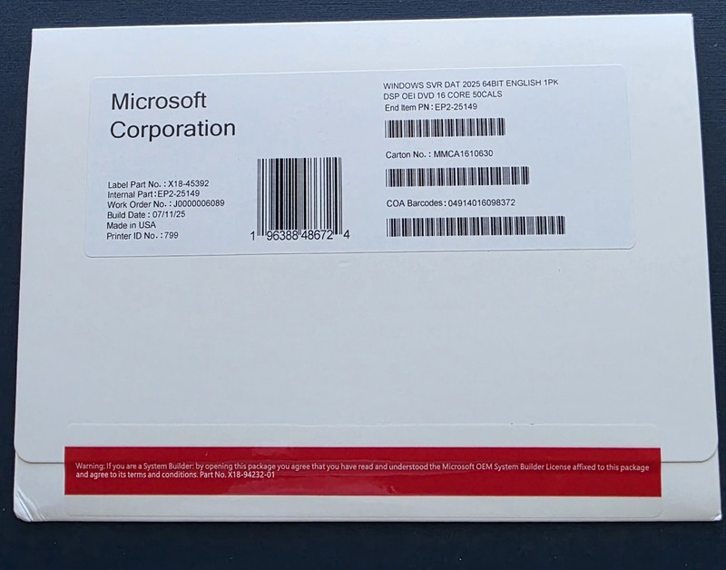 Microsoft Windows Server 2025 Datacenter 16 Core 50 CALs DVD & Key Sealed (NEW)
