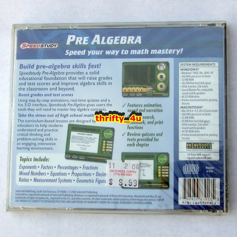 Selectsoft Publishing CD-ROM Speed Study Pre Algebra Math, PC & Mac, NIP SEALED gallery