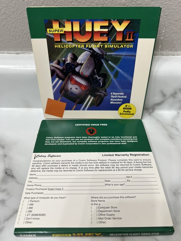 Super Huey II Helicopter Flight Simulator Celery Software 3 1/2” Disk IBM DOS
