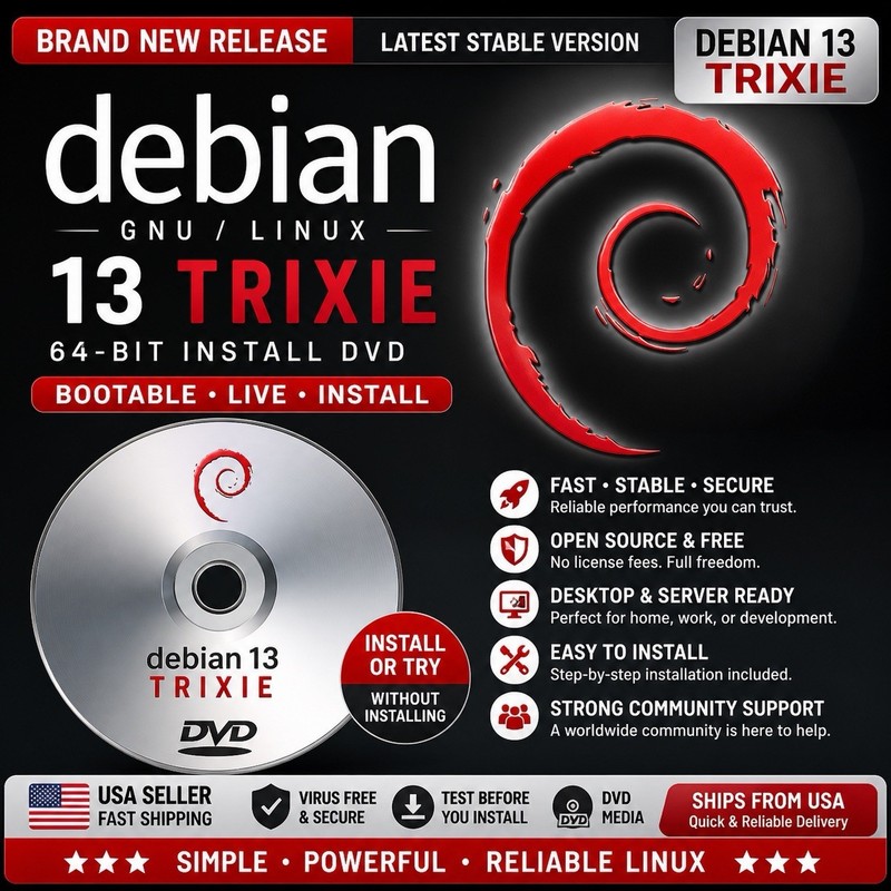 Debian 13 Trixie Linux 64-bit Bootable Live Install DVD NEW USA Seller