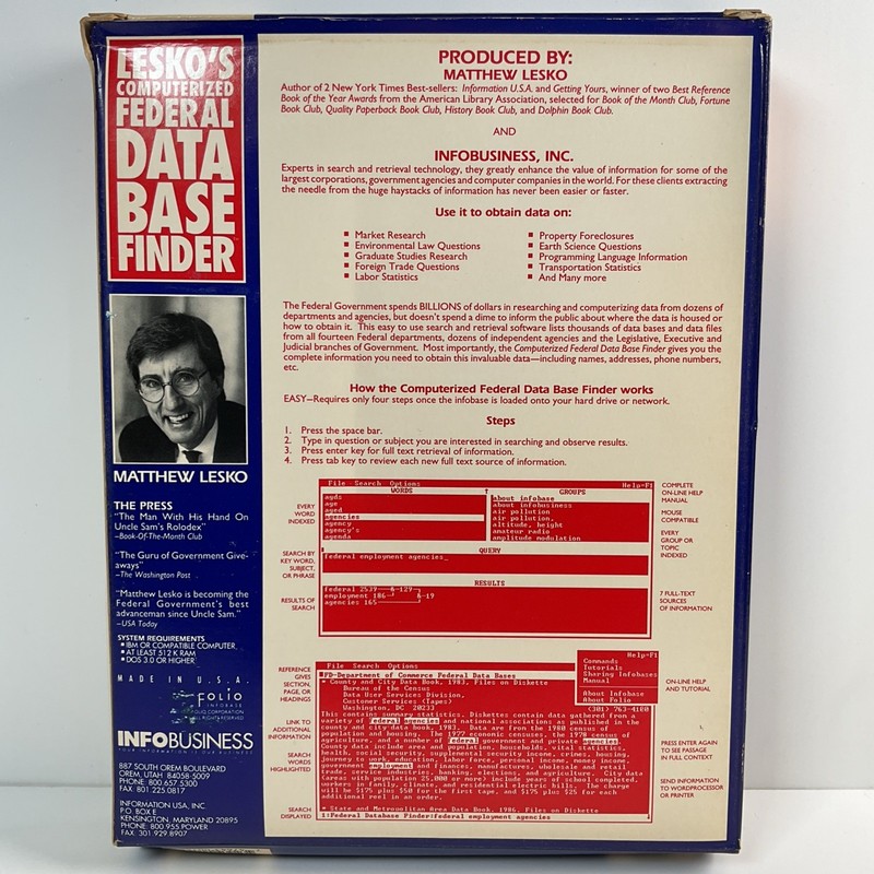 InfoBusiness Lesko’s Computerized Federal Data Base Finder 5.25” DSHD - Open Box gallery
