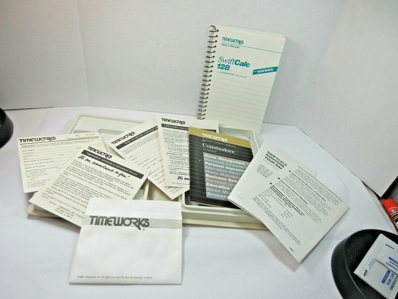 vintage 1983 Timeworks swift Calc 128 software Commodore 128 manual and box