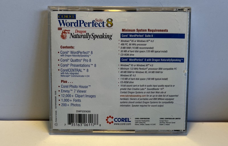 Corel Word Perfect Suite 8 with Dragon Naturally Speaking (PC) Windows 95 NM gallery