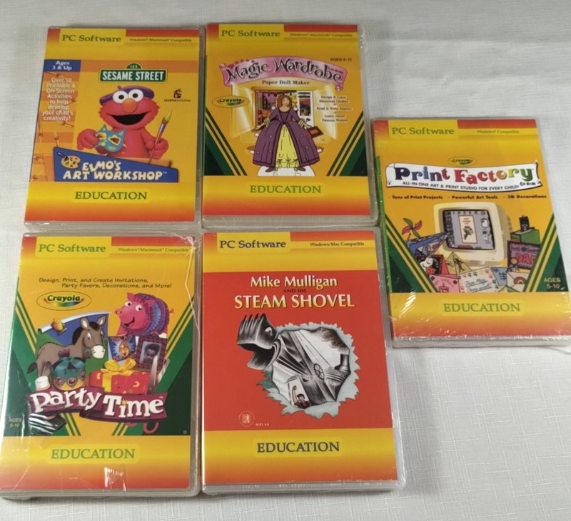 LOT 5 PC Learning Windows CD, Print, Stm Shovel, Elmo Art, Magic Wardrobe, Party