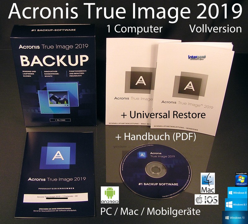 Acronis True Image 2019 Full Version 1 PC/Mac Box, CD + Universal Restore Original Packaging NEW