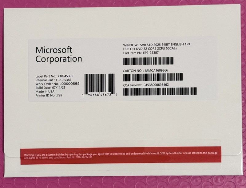 Microsoft Windows Server 2025 Standard 64bit 32 Core-50 CALs DVD With Key Sealed