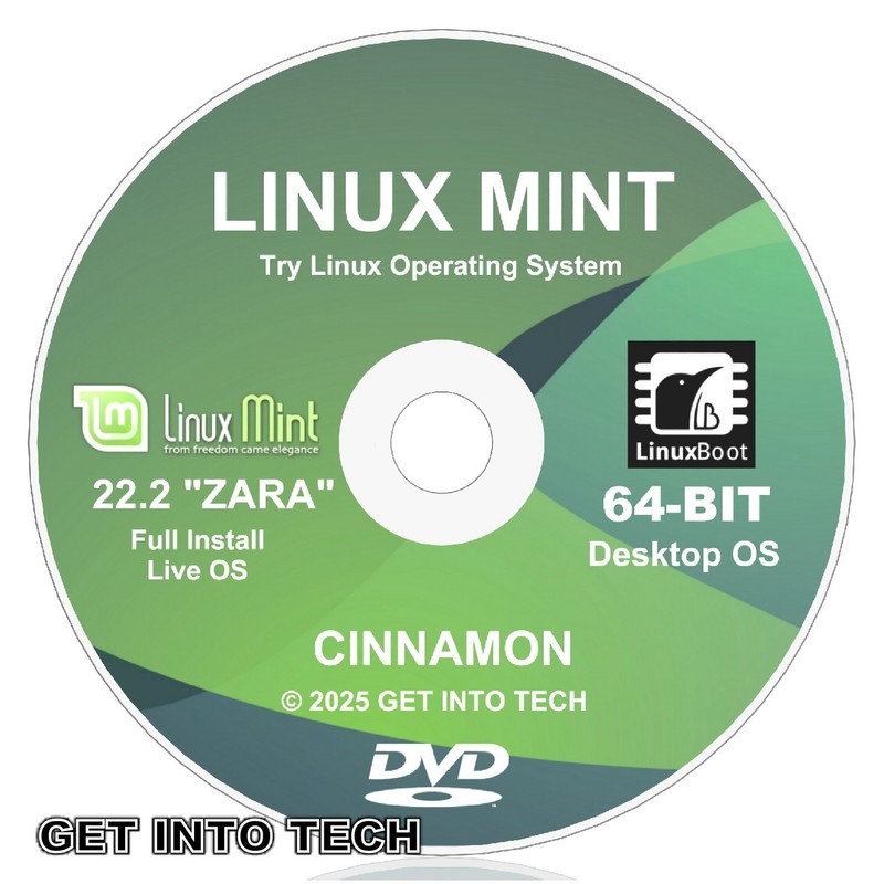 Linux Mint 22.2 Cinnamon “Zara” 64bit Bootable/Live OS DVD DISC – Try Linux