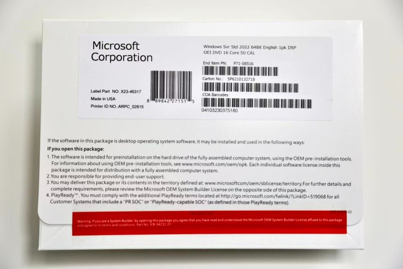 Win Server 2022 Standard - New Sealed DVD and Product Key - 16 Core 50 Cal。。