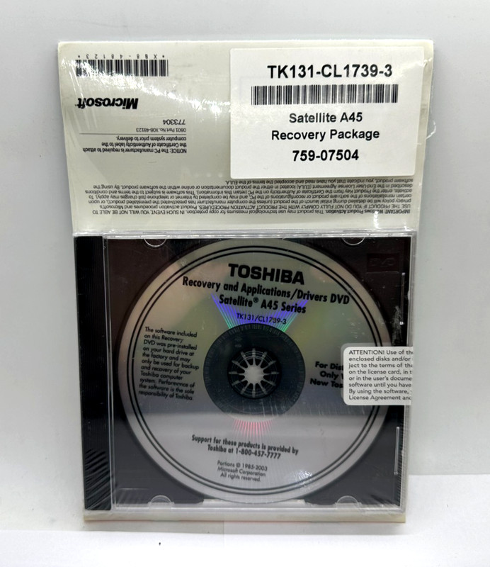 Sealed Toshiba Satellite A45 Recovery and Application Package 759-07504