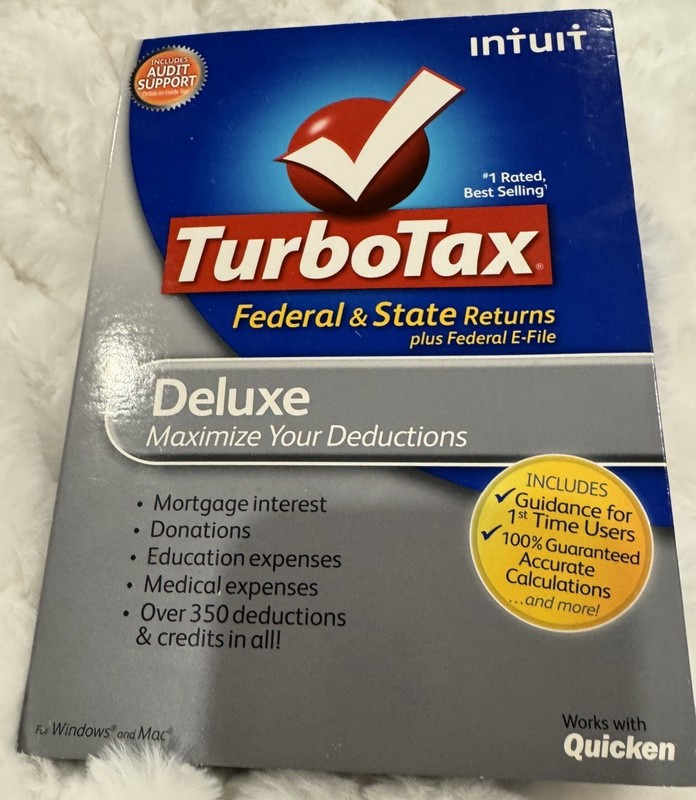 Brand New Turbo Tax Deluxe Federal & State Returns + Fed eFile CD fPC Mac Sealed gallery