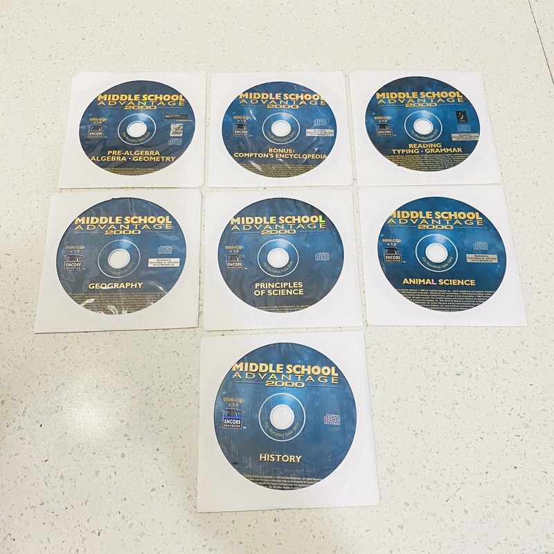 Middle School Advantage 2001 lot, Pre-algebra/Reading/Geometry – 7 CDs Lot