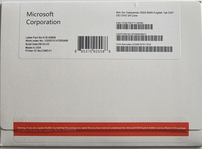 Microsoft Windows Server 2022 Datacenter 24 Core+Key (New)..
