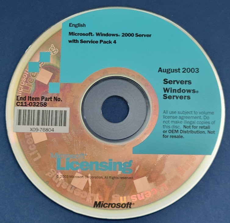 Microsoft Licensing Windows 2000 Server SP 4 CD ONLY August 2003 NO License Key