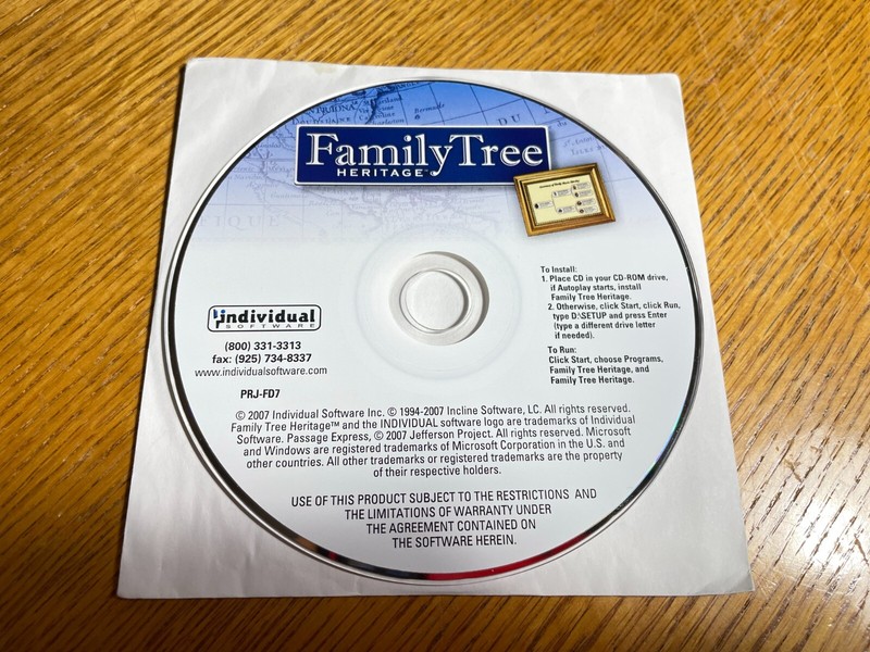 Family Tree Heritage install CD PRJ-FD7 2007 – Individual Software