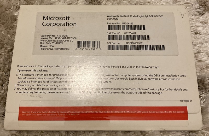 Microsoft Windows SVR STD 2012 R2 x64 English Software DVD Operating System