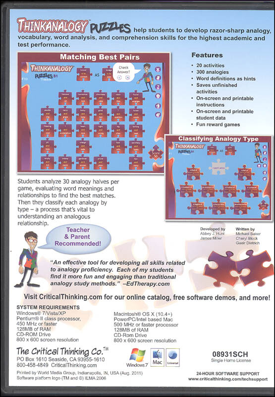 Thinkanalogy Puzzles, B1, CD-ROM, Grades 6-8 Windows/MAC, Critical Thinking Co. gallery