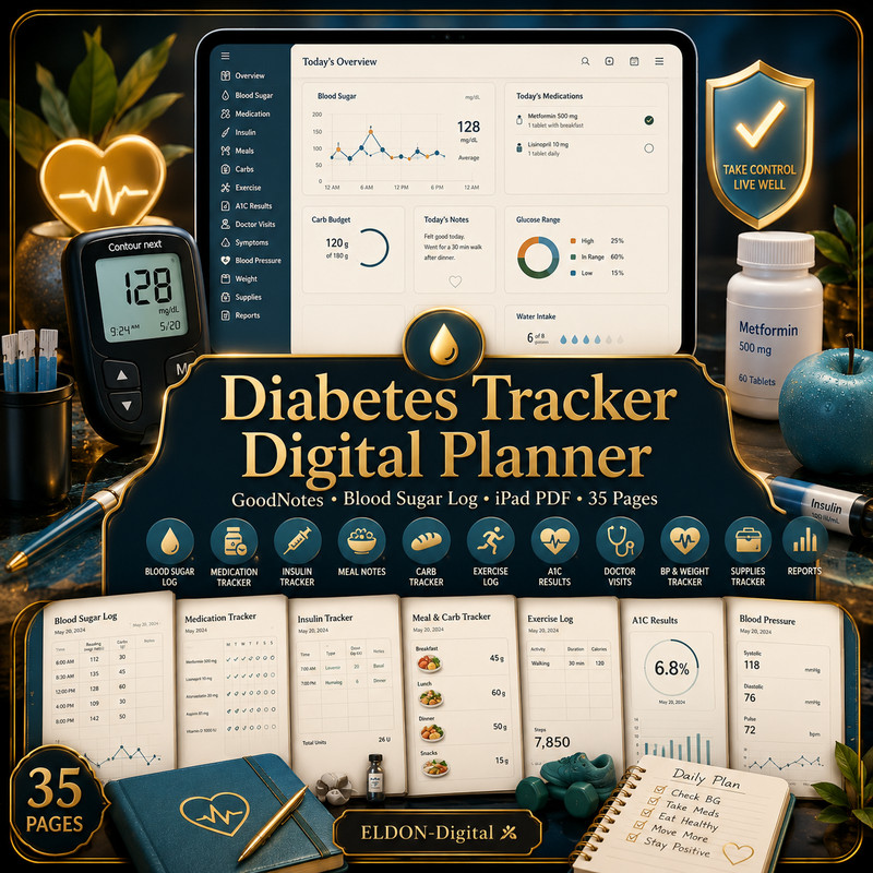 Diabetes Tracker Digital Planner GoodNotes Blood Sugar Log iPad PDF 35 Pages