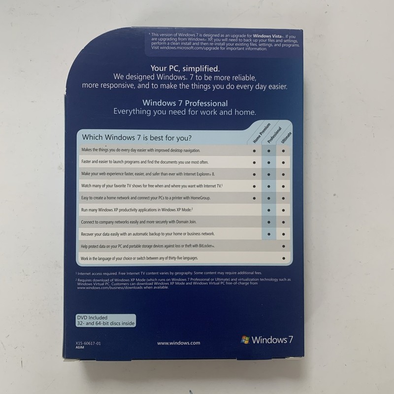 Microsoft Windows 7 Professional Upgrade DVD 32 and 64 Bit w/ Product Key gallery