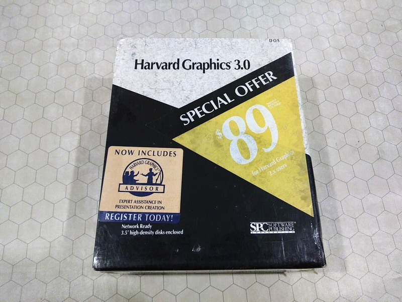 Harvard Graphics 3.0 for DOS, SPC Software Publishing, 3.5″ diskettes, SEALED!