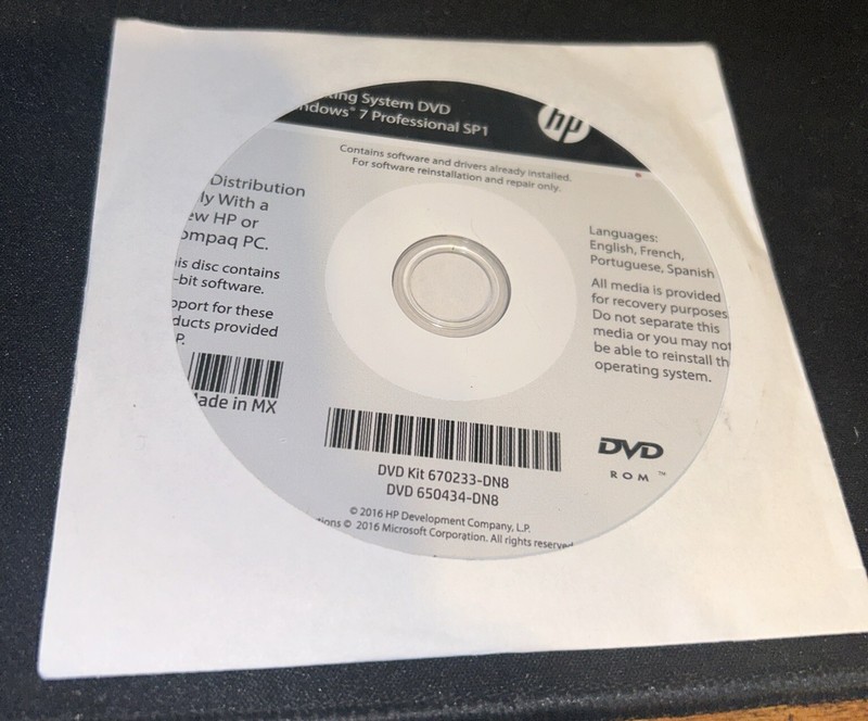 HP Microsoft Windows 7 Professional SP1 64-bit Reinstallation DVD No Key